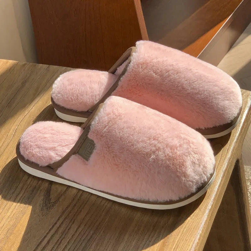 Solid colour winter plush house slippers with non-slip PVC sole in blue, brown, coffee, pink, or white