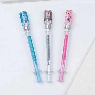 Vaccine design gel pen with syringe-styled plastic barrel and black 0.5mm refill