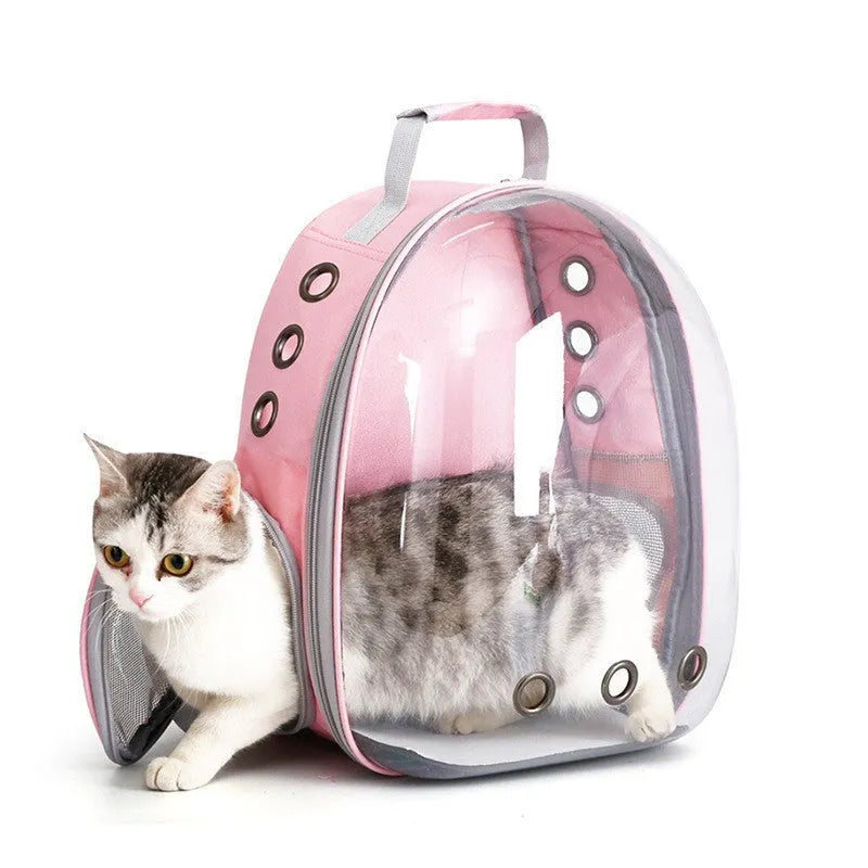 Grey PC astronaut-style pet carrier backpack with side-opening door for a cat.