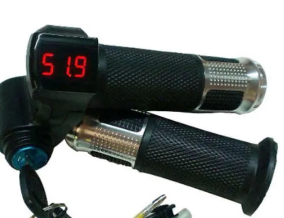 Electric vehicle handlebar throttle grip in blue red silver yellow colours with 5-core wiring visible