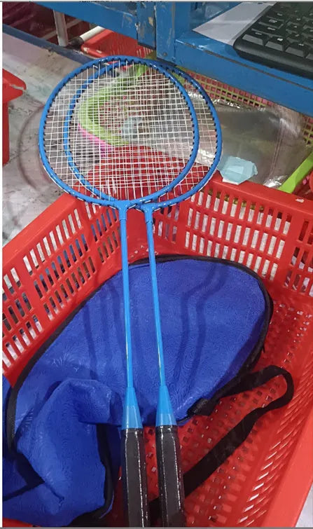 Pair of blue ultra-light alloy badminton rackets full set for two players