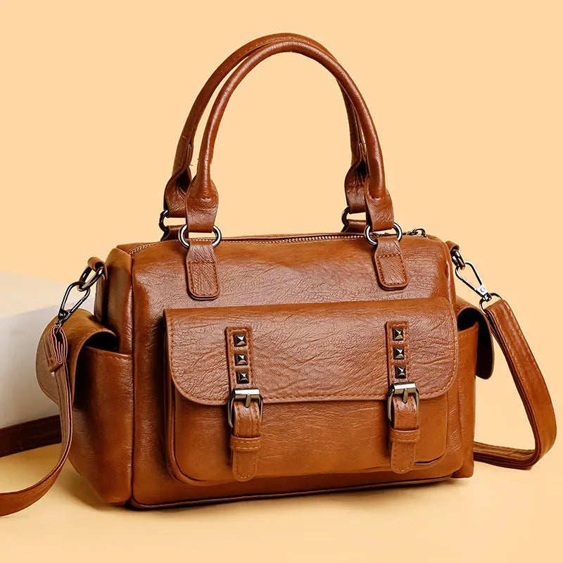 Vintage style large messenger bag in PU leather with contrasting stitching