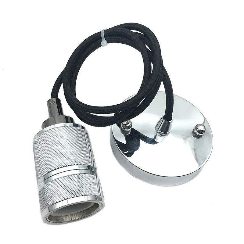 Retro DIY ceiling light chandelier kit with cast aluminum holder and woven power cord in shiny black and gold finishes