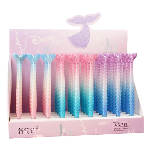 Cartoon mermaid gel pen with 0.38mm needle tube tip showing plastic shell design