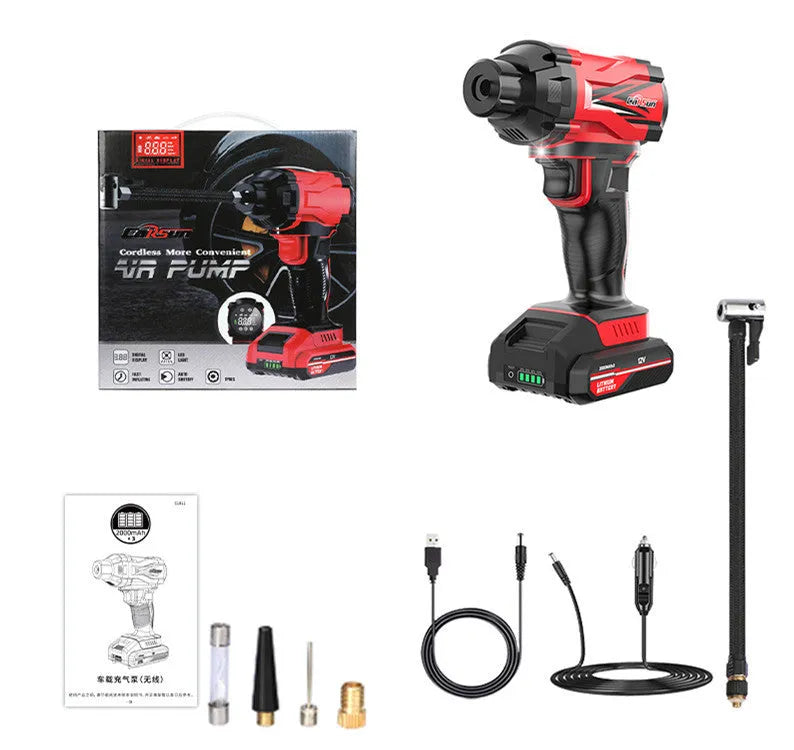 Red and black portable car tyre inflator with digital display, battery, and accessory nozzles on a grey background.
