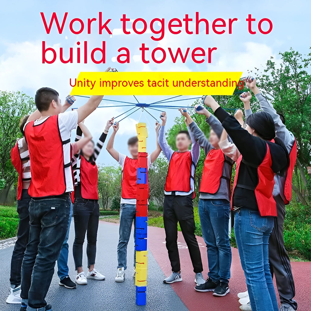 Team building game equipment with ABS plastic tower blocks and pull ropes for outdoor group activities