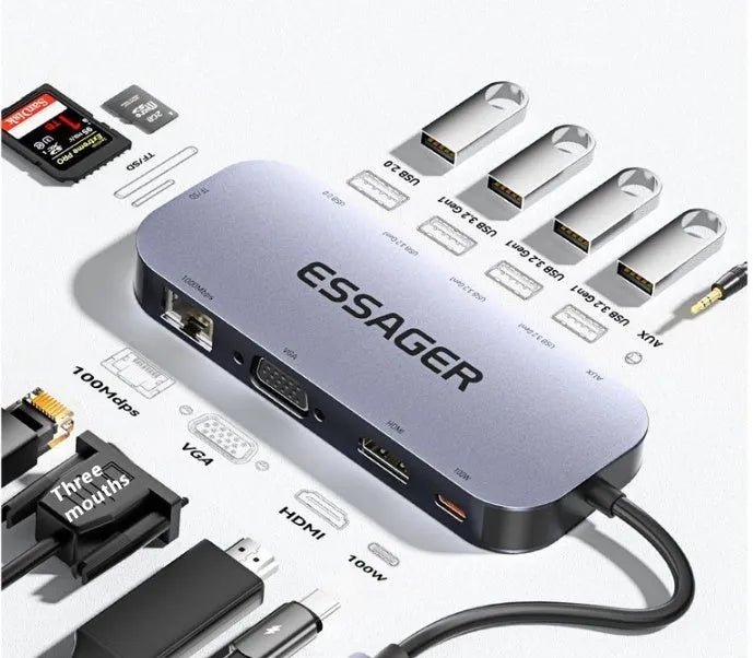 11-in-1 USB-C expansion dock with Gigabit Ethernet port, HDMI, VGA, USB-A ports, and memory card slots