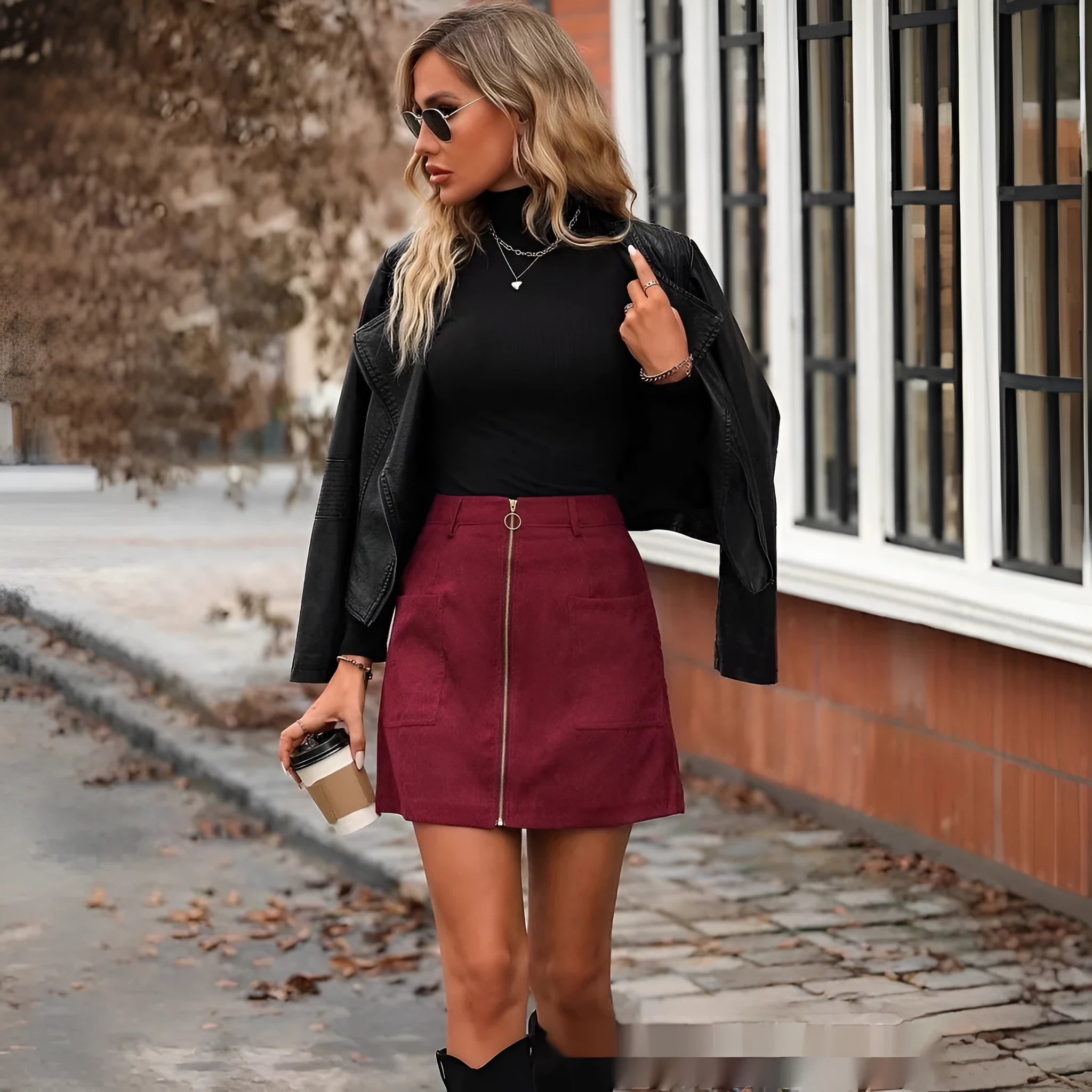 Women's high waist short skirt with stitching detail and zipper in black, shown on model.