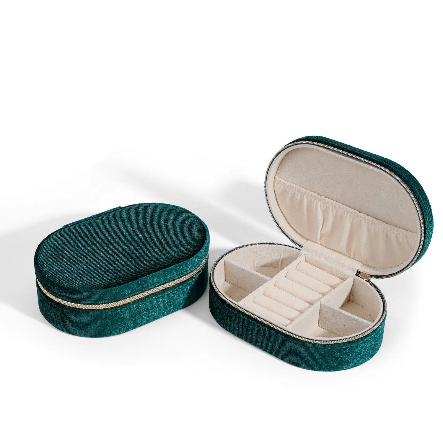 Oval velvet jewellery storage box in lake blue colour with flannel-lined interior compartments