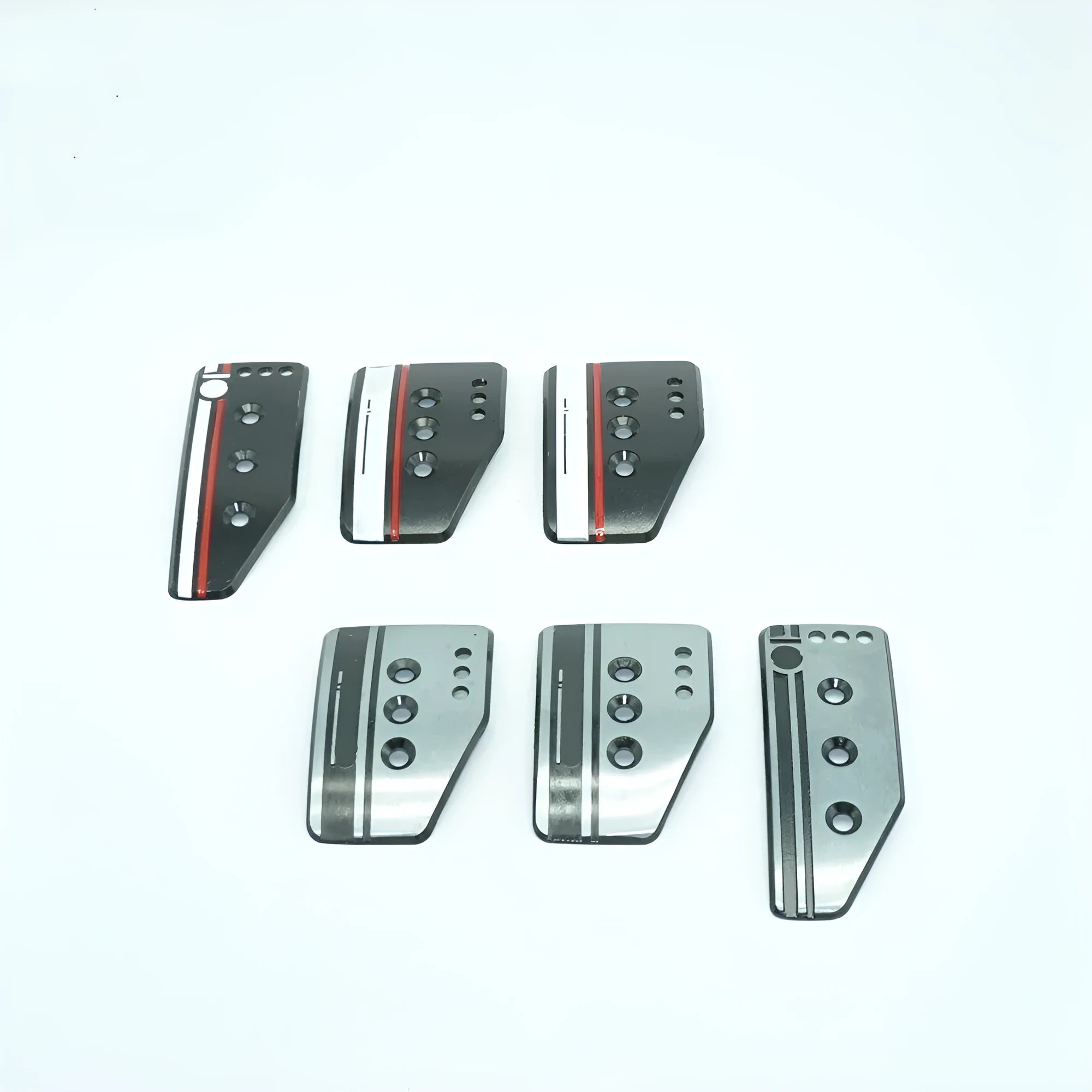 Aluminium alloy manual transmission car pedal set showing clutch, brake and accelerator in SPC grey finish with screws and nuts.