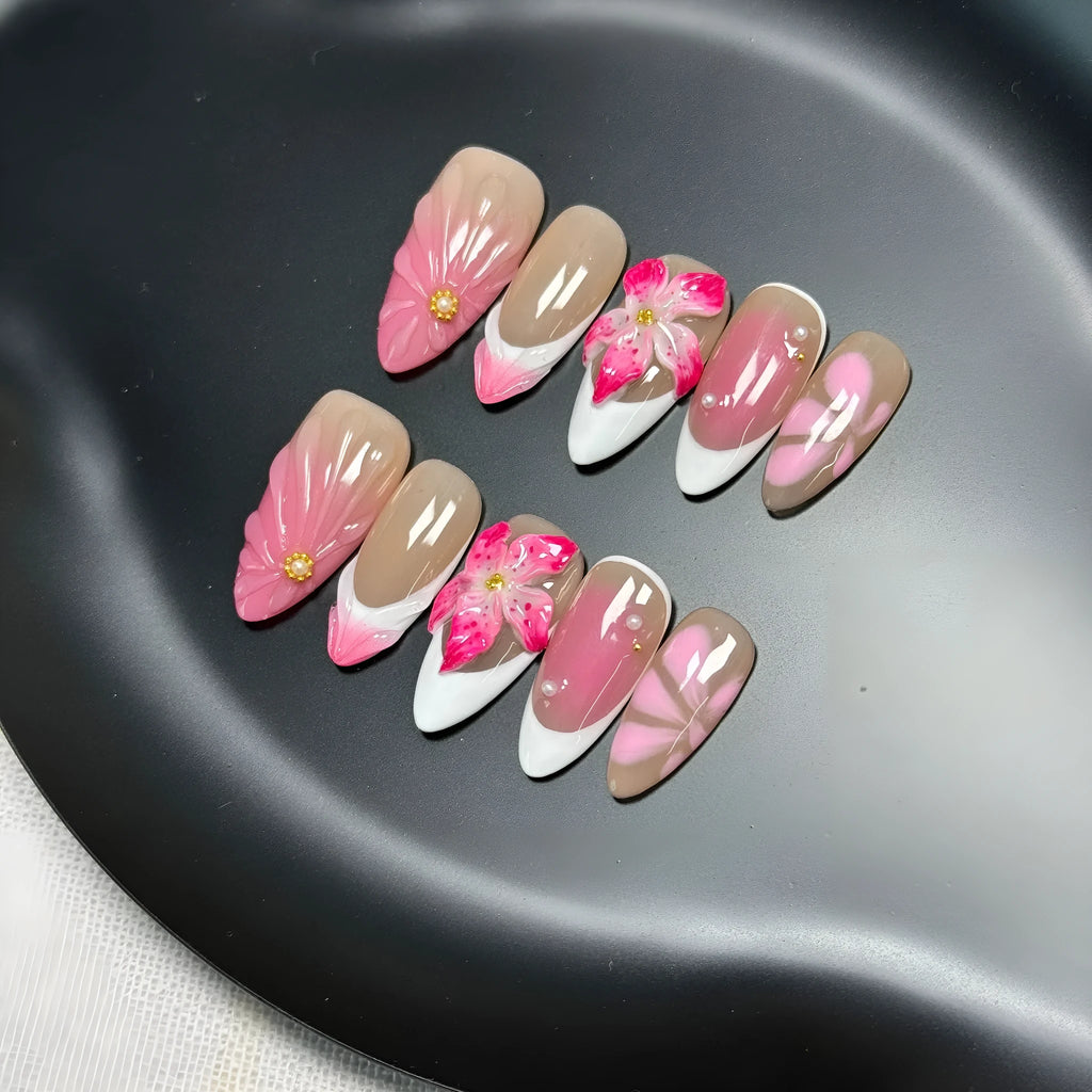 French style fluid ice flower manicure plastic gel nail tips in almond shape with four size options