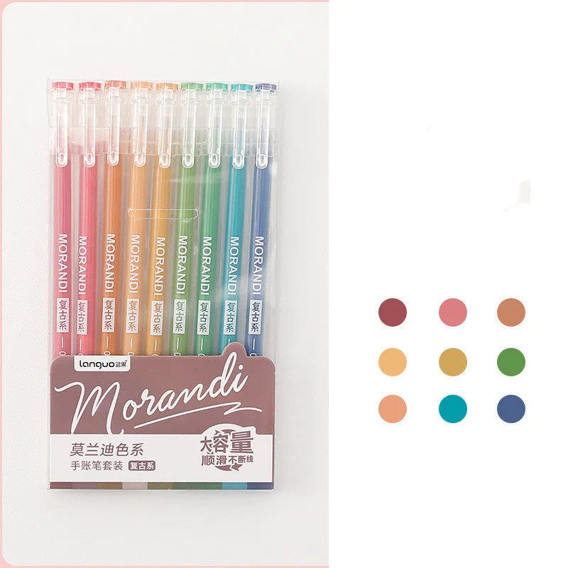 Set of nine retro gel pens with 0.5mm needle tips in plastic casing arranged by colour series
