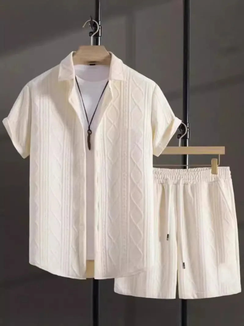 Men's jacquard short sleeve suit separates in black and white colour options