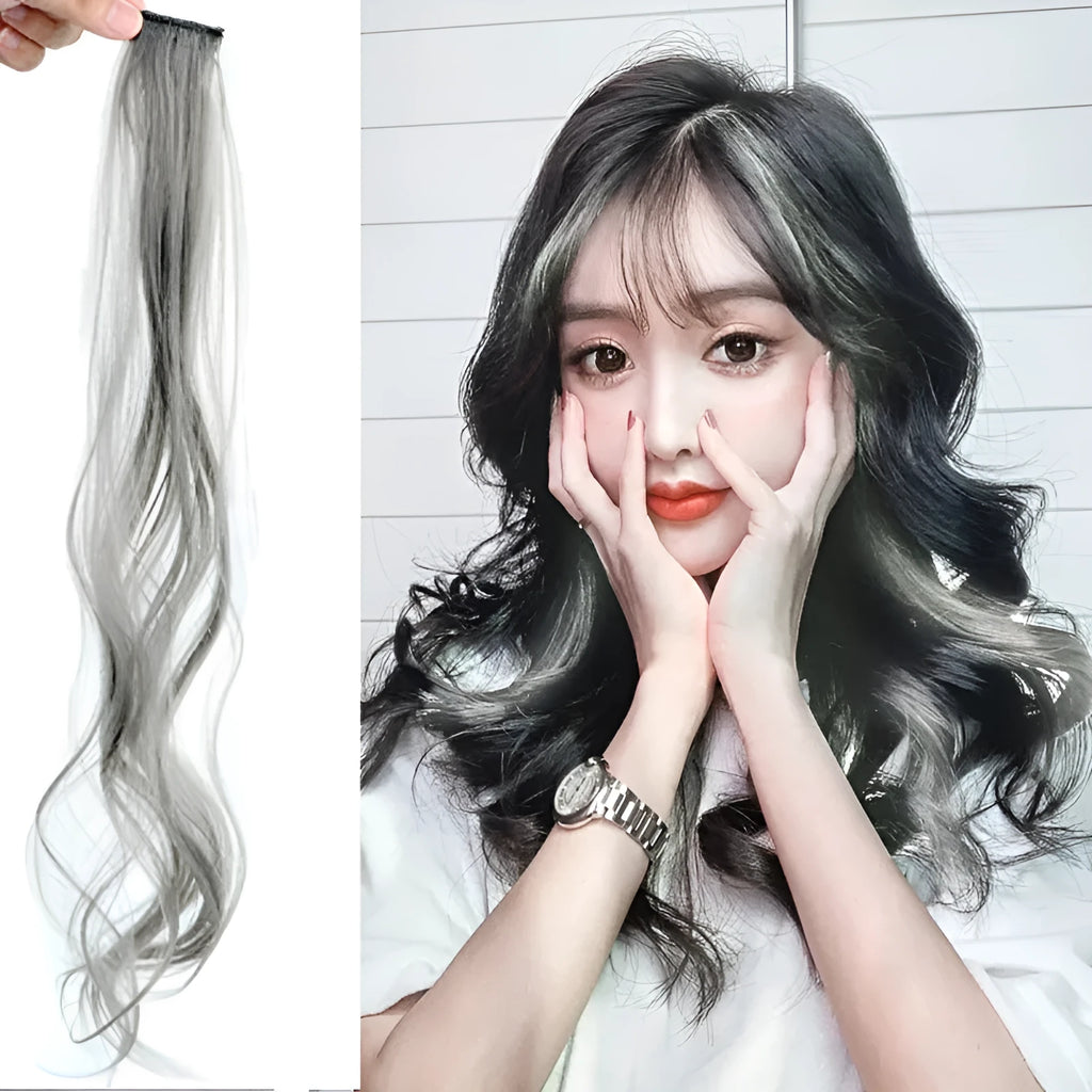 Long curly gradient hair wig patch in mixed silk material, showing 60cm length and vibrant colour options.