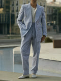 Blue and white striped polyester suit set with blazer and trousers in regular fit