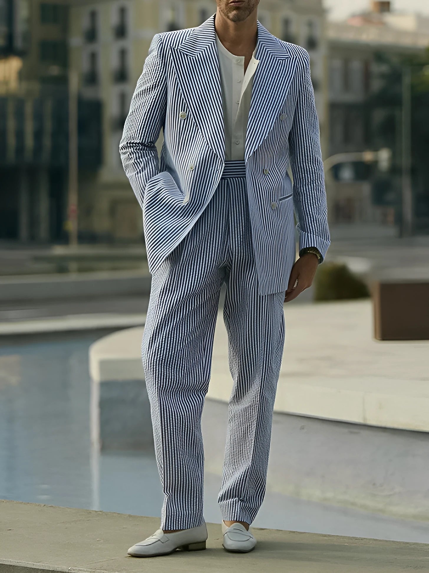 Blue and white striped polyester suit set with blazer and trousers in regular fit