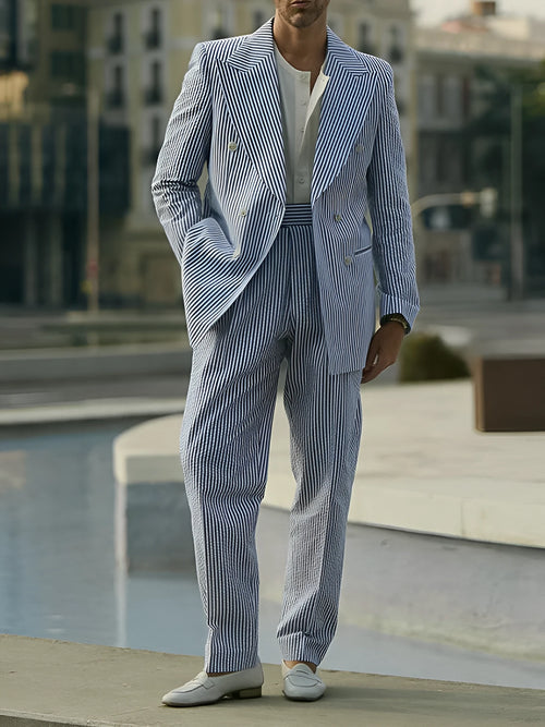 Blue and white striped polyester suit set with blazer and trousers in regular fit