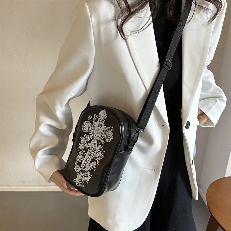Halloween graffiti PU phone bag with pumpkin ghost bat cartoon print, crossbody shoulder bag