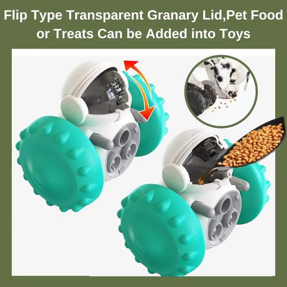 Self-balancing dog treat dispenser toy in robot design for interactive pet play