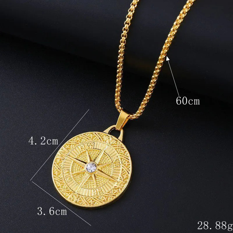 Women's geometric pendant necklace with inlaid zircon stones on a gold-tone alloy chain