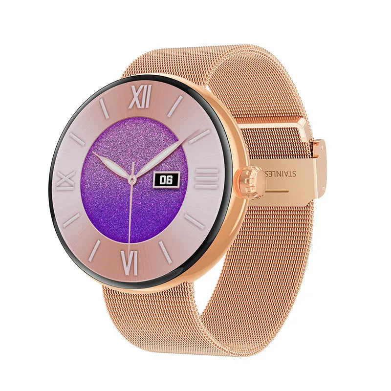 Women's smart watch with circular colour screen and metal strap in black, gold, or silver steel options