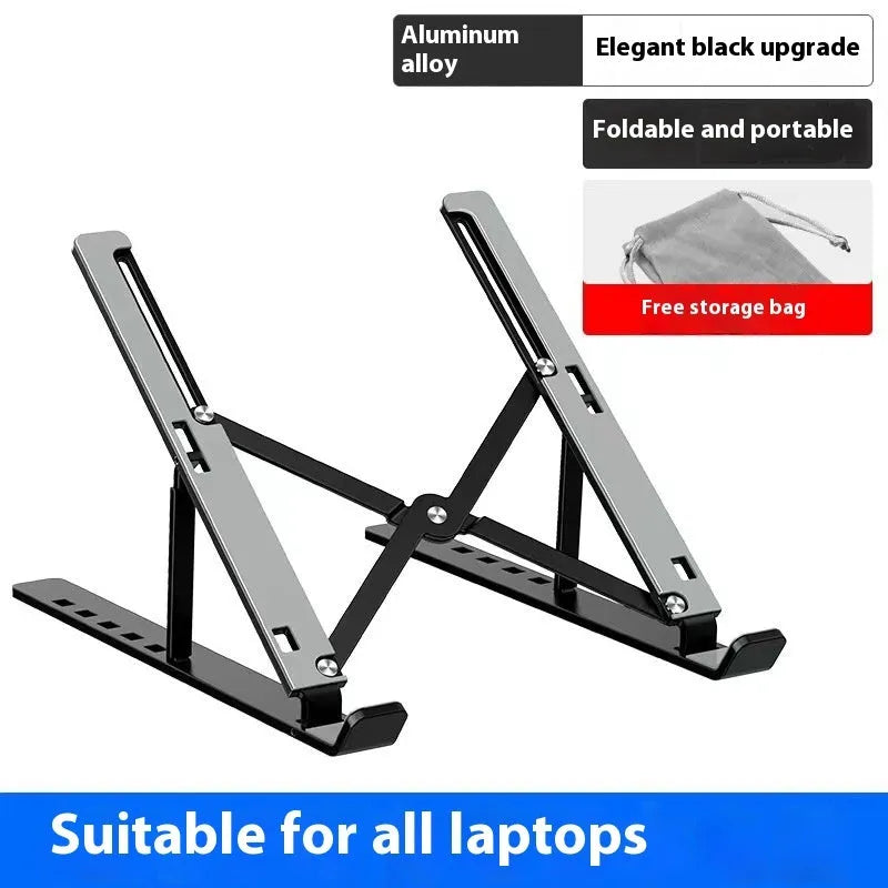 Silver aluminium alloy folding laptop stand holding a laptop at an angle