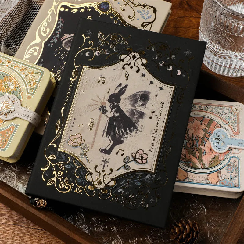 A5 hardcover notebook with gothic retro art cover, open to show 40g wood pulp paper.