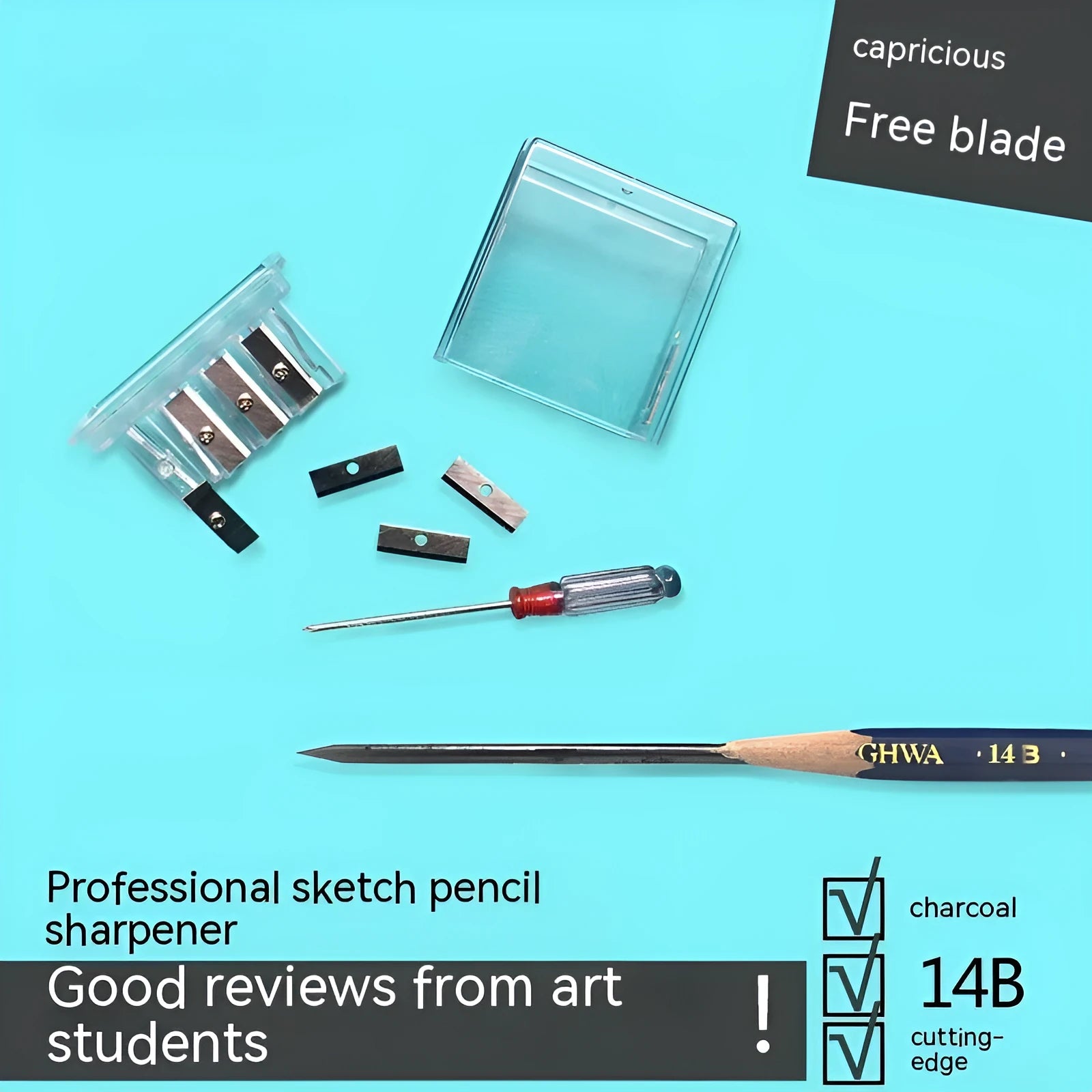 Geometric-shaped four-hole pencil sharpener with plastic construction and screwdriver accessory