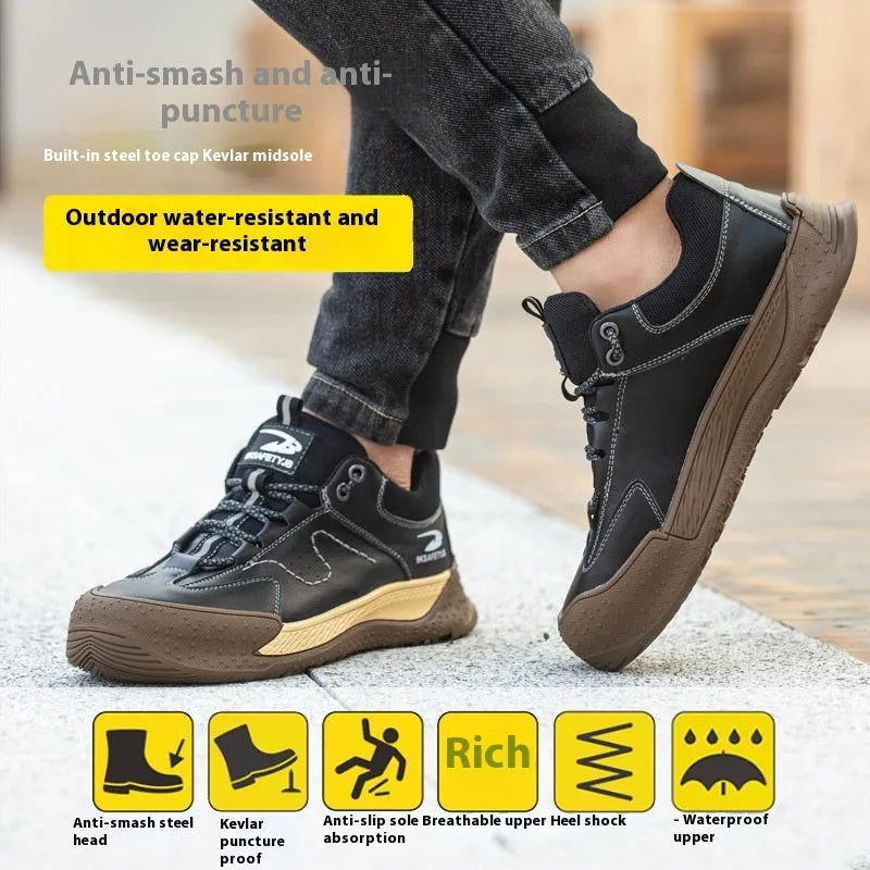 Flyknit leather work shoes with rubber sole in black, shown in a size 42.