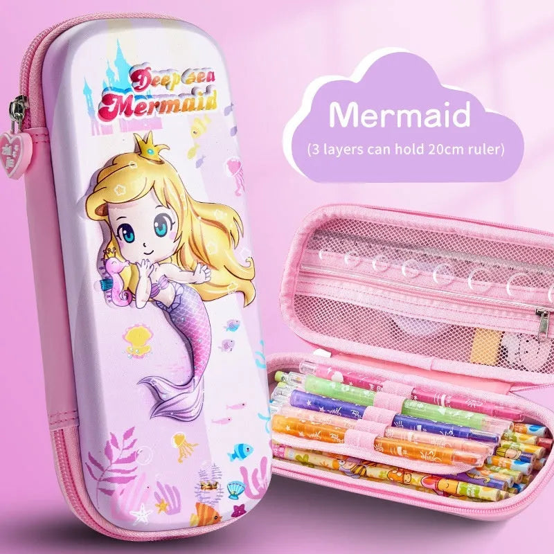 3D leather pencil case in a box shape showing one of the available design options such as a spaceship or unicorn