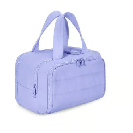 Large fluffy polyester travel toiletry bag open showing spacious interior, available in multiple colours