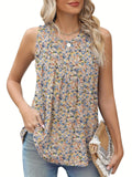 Black floral print plus size sleeveless vest on a hanger showing round neck and loose fit.