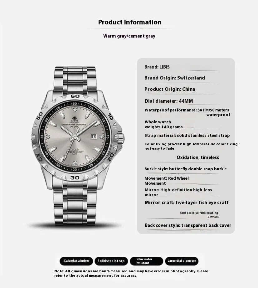 Men's silver quartz watch with luminous display and stainless steel strap