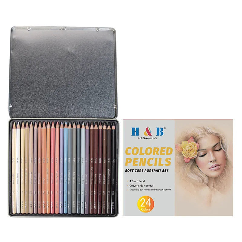 24-colour skin tone portrait pencil set in round iron storage case for hand-painted artwork