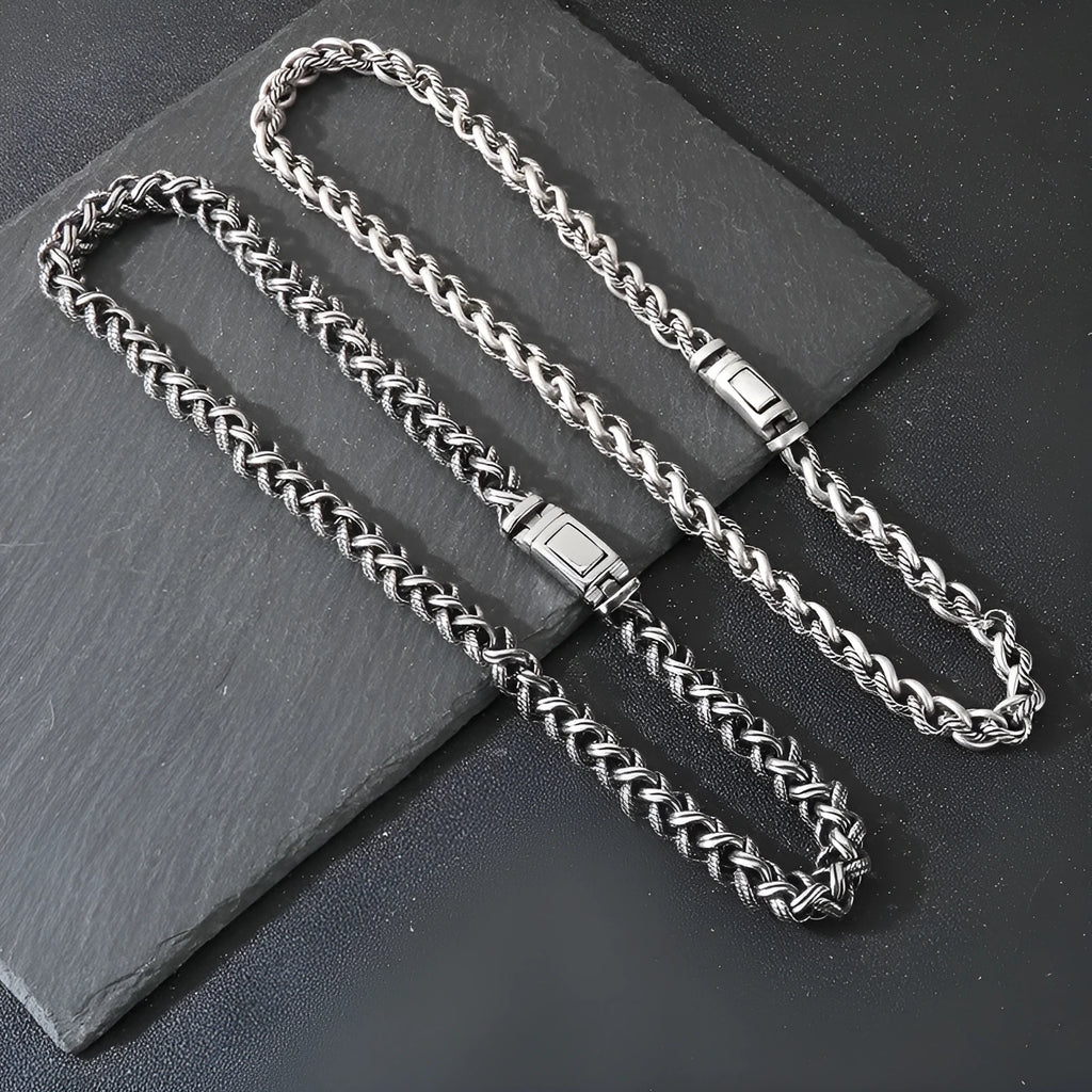 Men's titanium steel geometric keel chain necklace with large hemp flower links in antique silver finish