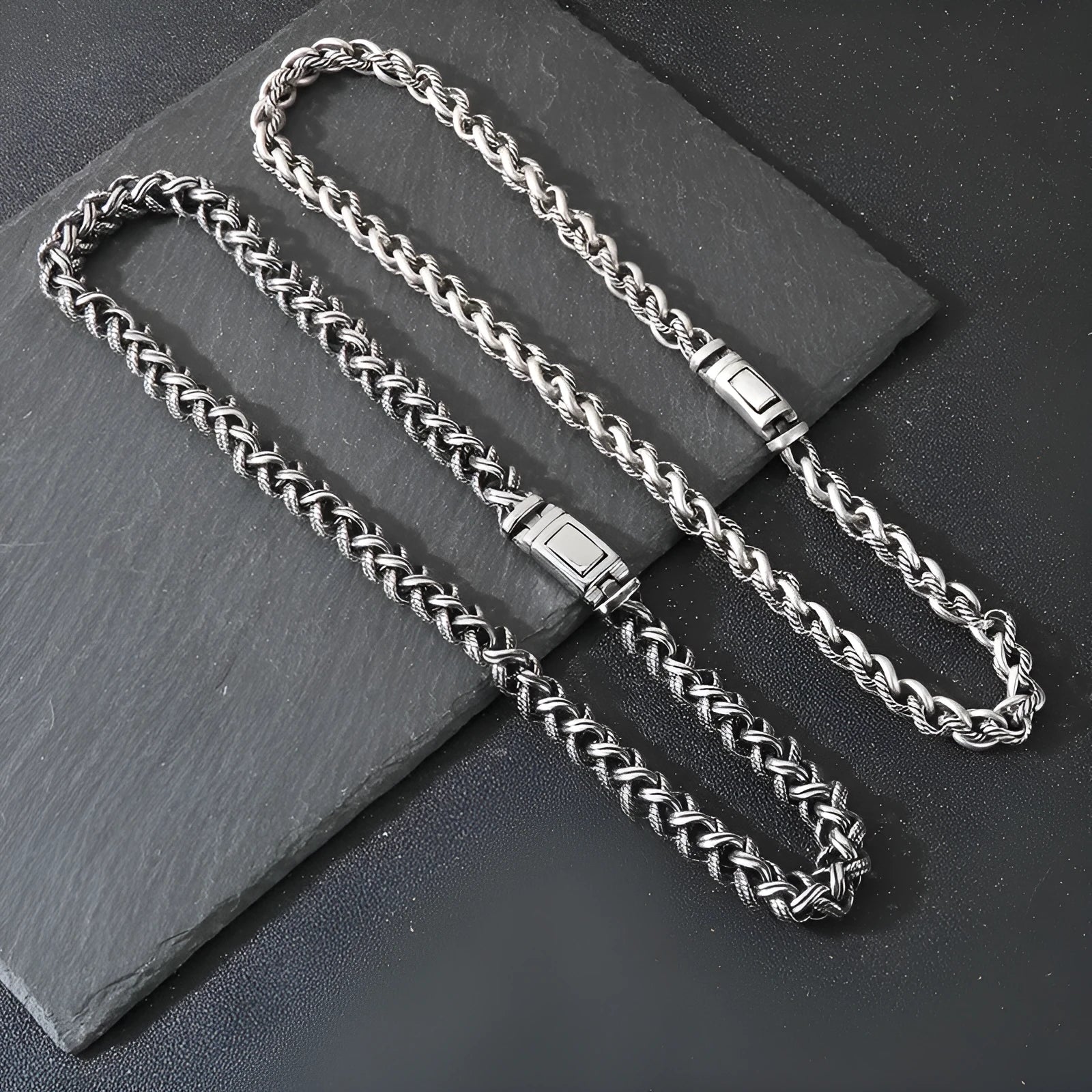 Men's titanium steel geometric keel chain necklace with large hemp flower links in antique silver finish