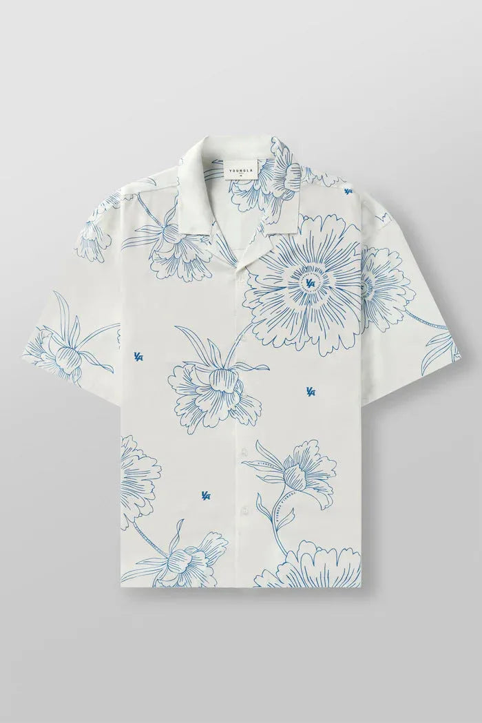 Men's printed flower pattern short sleeve top in polyester fabric with loose casual fit