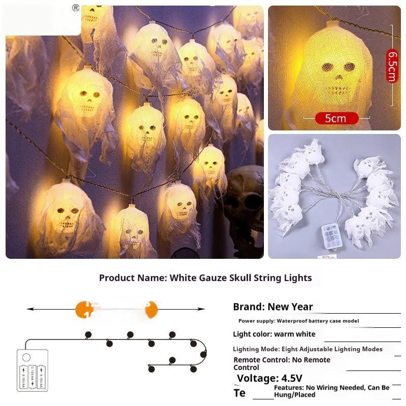 Halloween battery-powered LED coloured string lights for indoor wall decoration showing colour and warm white options