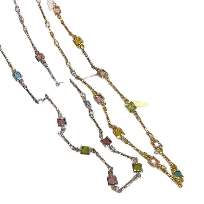 Square colour artificial crystal pendant on gold tone clavicle chain necklace with geometric design