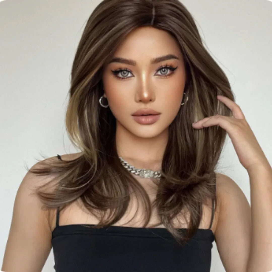 Mid-length platinum gradient colour wig with long curly hairstyle and bangs