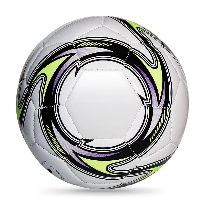 Machine-sewn PVC football in sizes 3, 4, and 5 shown in various colour patterns including red dragon roll and tornado blue.