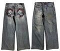 Grey washed-out men's jeans with a wide-leg, straight-cut retro workwear design.
