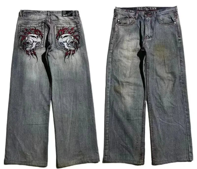 Grey washed-out men's jeans with a wide-leg, straight-cut retro workwear design.