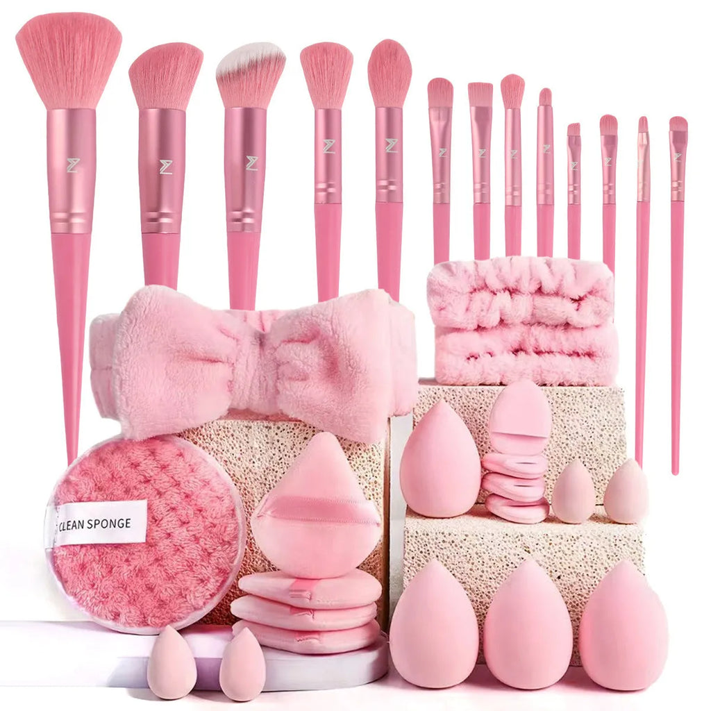 Hydrophilic non-latex beauty tools set with pink, brown and purple applicators for face and makeup