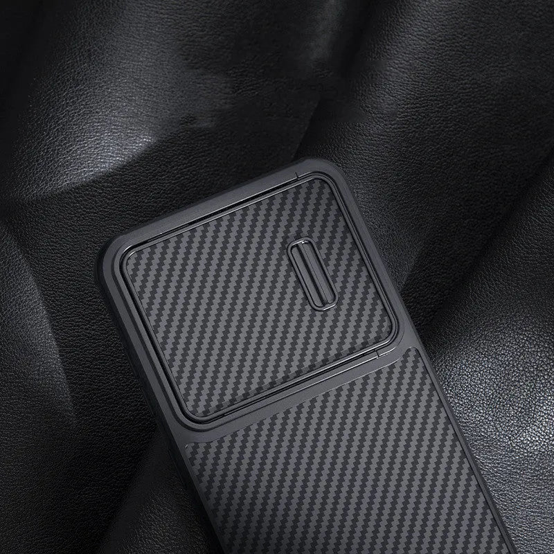 Black Samsung S23 phone case with a flip-up cover protecting the camera lenses.