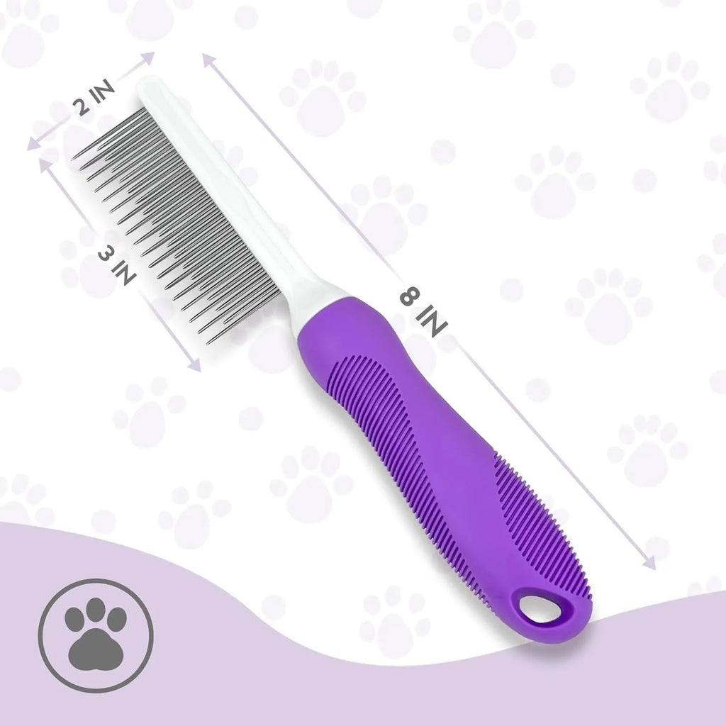 Purple handled pet grooming comb with long and short stainless steel teeth for detangling dog and cat fur.