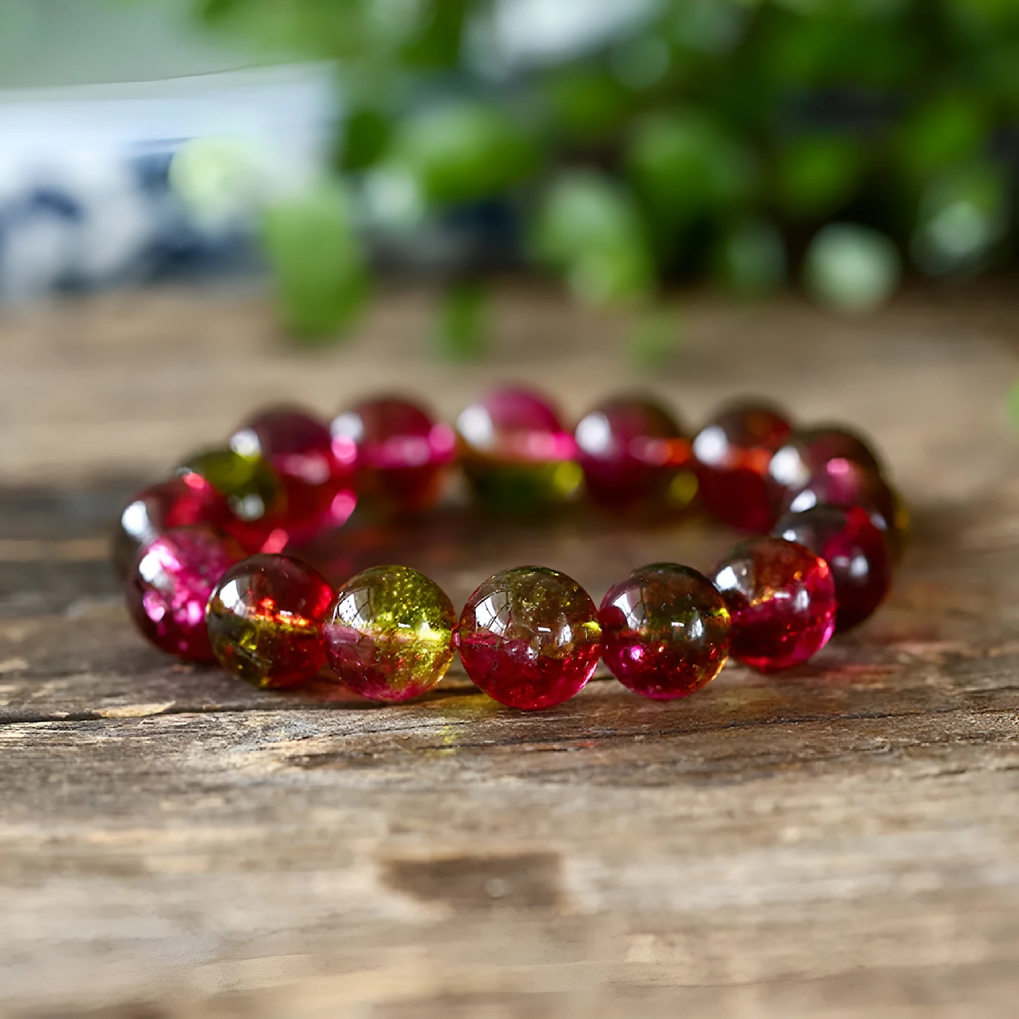 Handmade watermelon crystal women's bracelet showing pastoral design in four diameter sizes