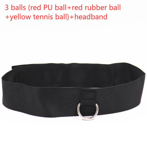 Head-mounted boxing reaction training ball with knitted and rubber adjustable headbands, shown with red, green, and yellow PU balls.