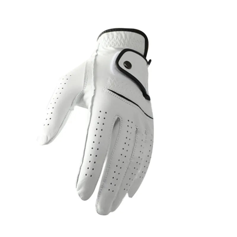 Men's white half sheepskin golf glove showing non-slip palm detail.