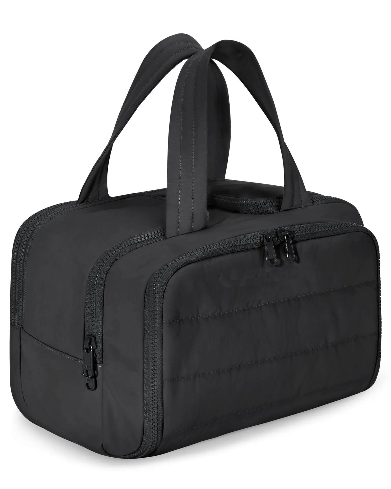 Large fluffy polyester travel toiletry bag open showing spacious interior, available in multiple colours